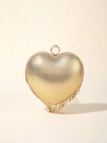 1 pezzo Borsa a spalla rotonda in metallo argento, decorata con strass, elegante e di lusso, compatta e portatile, con forma a cuore, con abbellimenti scintillanti in strass, adatta per feste serali, matrimoni, regali