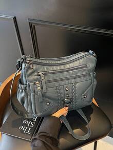 1 件复古女士多层斜挎包单肩包小方包零钱包多功能轻便便携式拉链封口可调节肩带多口袋适用于日常通勤包适合旅行度假商务户外购物运动超市学校工作礼物送给朋友妈妈生日礼物纯色 PU 皮革金属铆钉和拉链装饰休闲包适合学生适合女士妈妈白领旅行配件