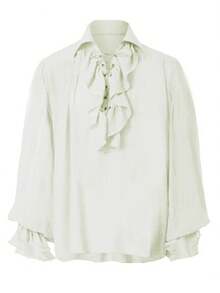 Retro Men's Shirt, Ruffle Lace Up V Neck Long Sleeve Solid Color Cosplay Prince Drama Stage Costume - Beige - View 1