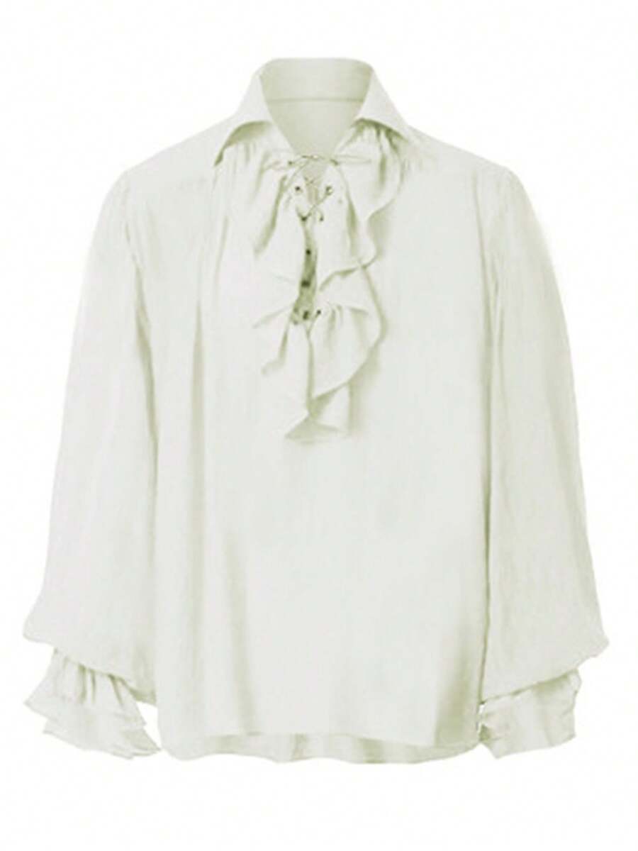 Retro Men's Shirt, Ruffle Lace Up V Neck Long Sleeve Solid Color Cosplay Prince Drama Stage Costume - Beige - View 1