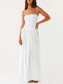 Women's Spaghetti Strap Pleated Long Cami Dress Sleeveless Casual Maxi Dress Party Dresses - 白色 - 查看 7