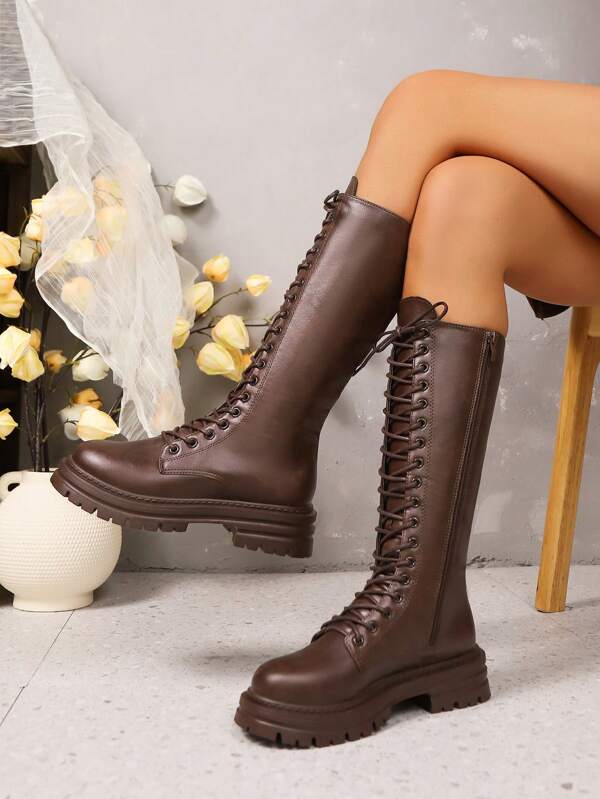 Nuevas botas por encima de la rodilla para mujer con suela gruesa y cierre lateral, modelo del otoño 2025. Botas altas de montar con cordones de moda, tallas grandes