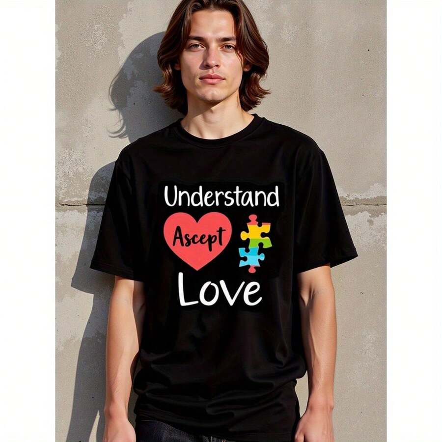 Big And Tall T-Shirts, Men Workout Clothes, Autism Awareness T-Shirts: Understand, Accept, Love, True Classic, Men Polo Shirts Daily Outfits - Black - View 1