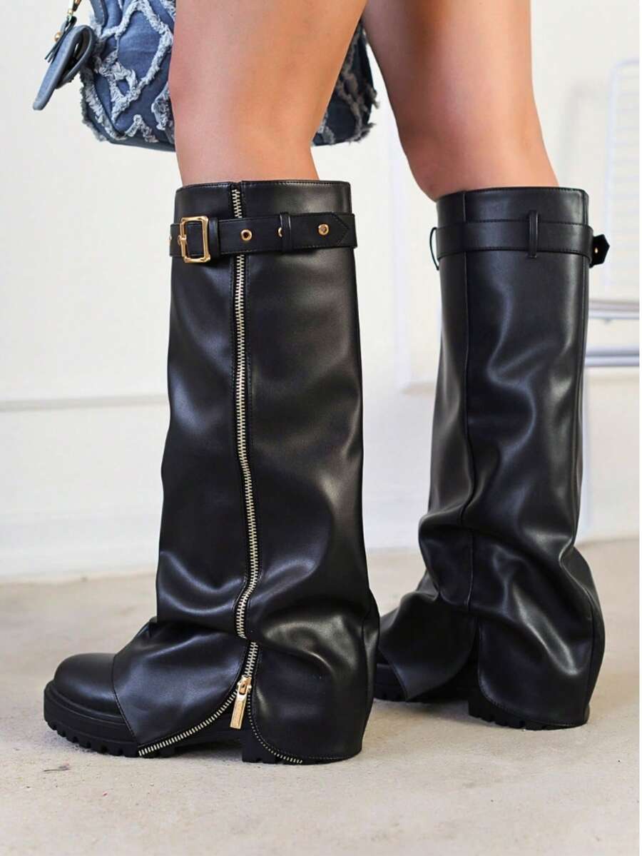 Women's Mid Calf Platform Boots With Fold Over Ruched Design, Chunky Heel, Round Toe, Wide Calf Pull On Style, Y2K Inspired Booties For Daily Wear And Parties - 黑色 - 查看 1