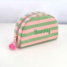 Custom Embroidered Striped Makeup Bag, Personalized Name Cosmetic Pouch With Zipper And Pom-Pom, Colorful Canvas Travel Toiletry Organizer, Cute Gift For Girls, Bridesmaids, Birthday, Holidays, Daily Essentials Bag,Multi-Functional,Ornamental,Letter,Stylish,Modern,Colorful,Cute,Adorable,Casual,Custom,Personalised,Unique,Customized,Ideal Gifts For Him,Ideal Gifts For Her, Son, Daughter,Christmas Gift