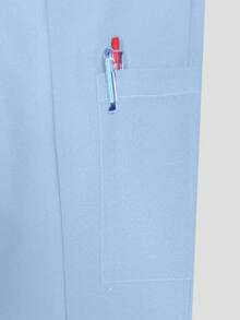 Solid Color V-Neck Short Sleeve Top And Split Flare Pant Lab Coat Nurse Scrub Uniform Set, Scrub Uniform For Pet Hospital Clinic Private Nursing Work Outfit Top And Pant With Pockets - Màu xanh nhạt - Xem 11
