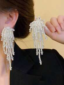 1 Par de Brincos da Moda com Pérolas em Cascata, Brincos Pendentes com Borla de Pérola Redonda de Cristal