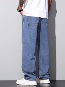1 buah Celana Jeans Komuter Gaya Amerika Minimalis Hearty Haven Washed untuk Pria, Celana Panjang Kasual Serbaguna dengan Potongan Lebar dan Longgar (Tanpa Sabuk atau Aksesoris) - Biru - View 9