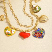 2 Stücke bohemian-artiger mehrschichtiger Halskette mit Herz-Anhänger, modischer bunter Herz-Charm doppelte Ketten Halskette, geeignet für Frauen Alltagsparty, Geschenk