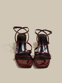 Sandalias de plataforma y tacón ancho con punta abierta y cordones, color borgoña, para mujer, zapatos de verano
