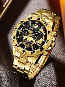 4pcs/Set Men's Business Watch Set, Stainless Steel Quartz Watch With Round Dial & Indicator, Comes With Fashion Pendant Necklace, Bracelet And Ring, Ideal Gift For Men