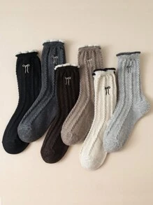 1 Pair/6 Pairs Women Calf Socks With Braided, Bow, Embroidered Patterns, Retro Fashion Versatile Wool Socks, Warm And Windproof, Suitable For Autumn/Winter Daily Wear