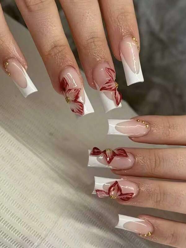 24 Parça Uzun Kare 3D Jel Tırnak, Sahte İnci Tasarımlı Beyaz Fransız Akrilik Orta Boy Çiçek Fiyonklu Takma Tırnak Seti, 1 Parça Jöle Yapıştırıcı ve 1 Parça Tırnak Törpüsü İçerir, Kolay Giyilebilen 3D Jel Tırnaklar, Fransız Uçlu, Takma Tırnak Sanatı, Kadınlar, Kızlar, Günlük İşler, Festivaller, Partiler, Tırnak Malzemeleri, Tırnaklar