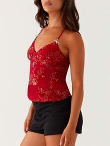 Womens Y2k Sequin Halter Cami Top Open Back Beaded Pearl Embellished Tank Cute Sparkle Backless Summer Glitter Rhinestone Going Out Tops - 紅色 - 查看 3