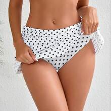 Halcurt Women's Low Waisted Ruched Ruffle Swim Skirts With Hipster Bikini Bottoms Tummy Control Swimsuit - 白色/圓點 - 查看 2