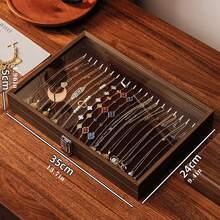 1pc Chinese Vintage Antique Finish Solid Wood Jewelry Box With Glass Lid & Snap Closure - Multi-Hooks Organizer For Necklaces - Elegant Desktop Storage Gift For Women, Wife, Girlfriend, Jewelry Display, Necklaces Holder, Classic Design, Construction, Jewelry Boxes