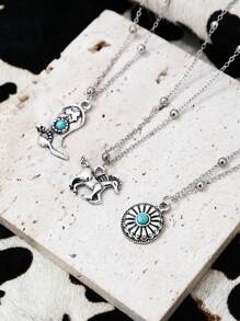 3 pièces de ensemble de colliers à chaîne avec motif floral de tête de taureau et de fer à cheval de style cowgirl occidental rétro turquoise (les chaînes sont prédécoupées par longueur, pas par nombre de perles)