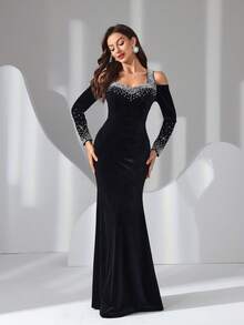 Elisanya Women's Ruffled Rhinestone Velvet Dress With Backless Tie Design, Elegant - Black - View 5