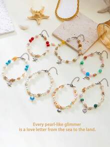 女士海星贝壳珍珠手链，欧美时尚度假风格，新设计仿珍珠手链，女朋友手链，串珠手链，波西米亚风格，优质珠宝，夏季配饰，玻璃吊坠，西方珠宝，女士礼物，适合户外海滩穿着 - 彩色 - 查看 7