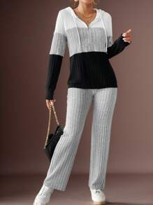 Conjunto de dos piezas de mujer con pantalón y sudadera con capucha de manga larga con contraste de color, para primavera y otoño