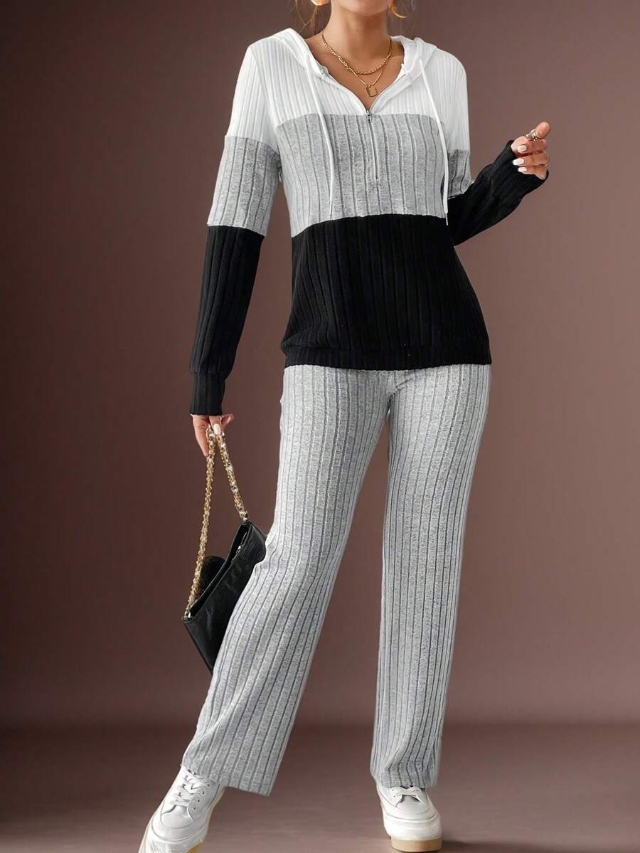 Conjunto de dos piezas de mujer con pantalón y sudadera con capucha de manga larga con contraste de color, para primavera y otoño