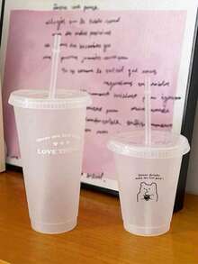 1pc 700ml Or 480ml PP Coffee Cup, Portable Cartoon Straw Cup, Ice American Coffee Cup, Couple Water Bottle - White - View 13