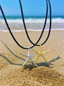 1pc Simple And Exquisite Starfish Pendant Necklace, Black Leather Rope Sexy Chain Suitable For Women's Daily Wear, Beach Jewelry Gift