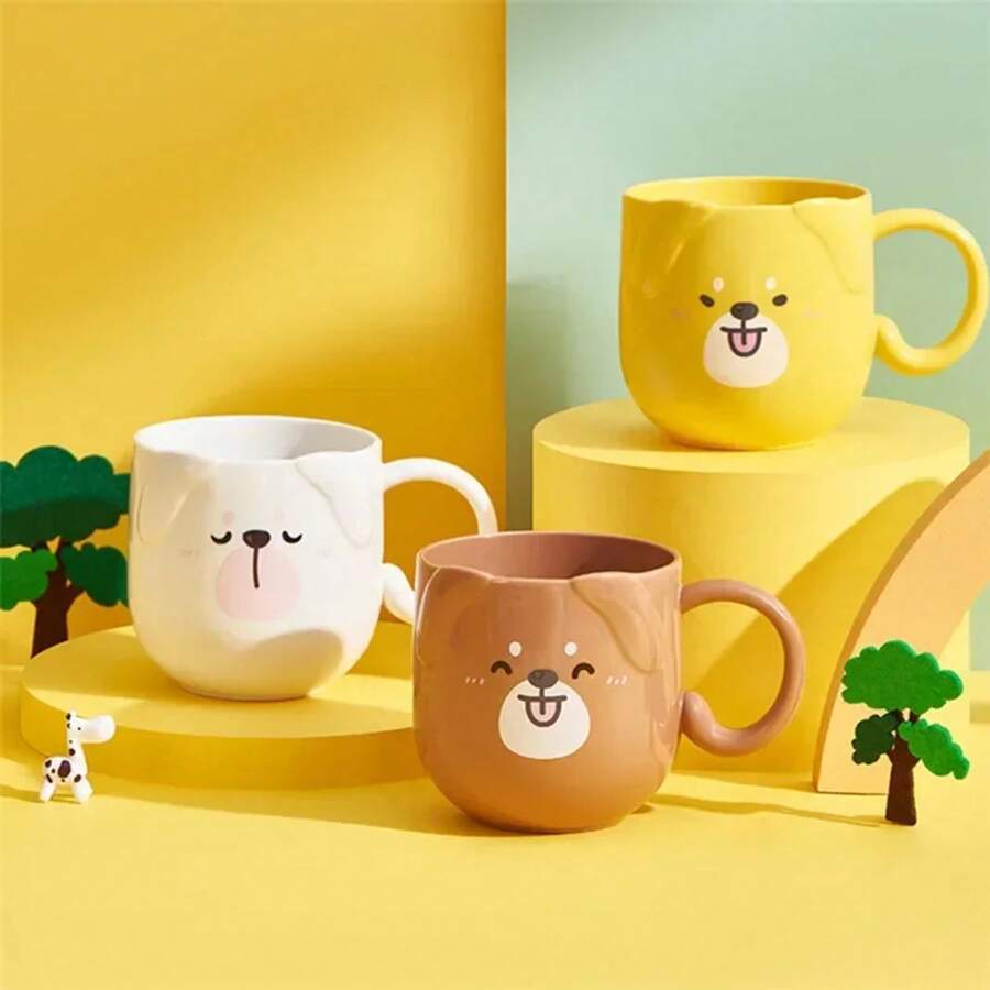 JIRO-taza de café con leche para niños, taza de agua de plástico con asa, resistente al calor, enjuague bucal de dibujos animados, cepillo de dientes, 300-400ML - Gato blanco - Ver 1