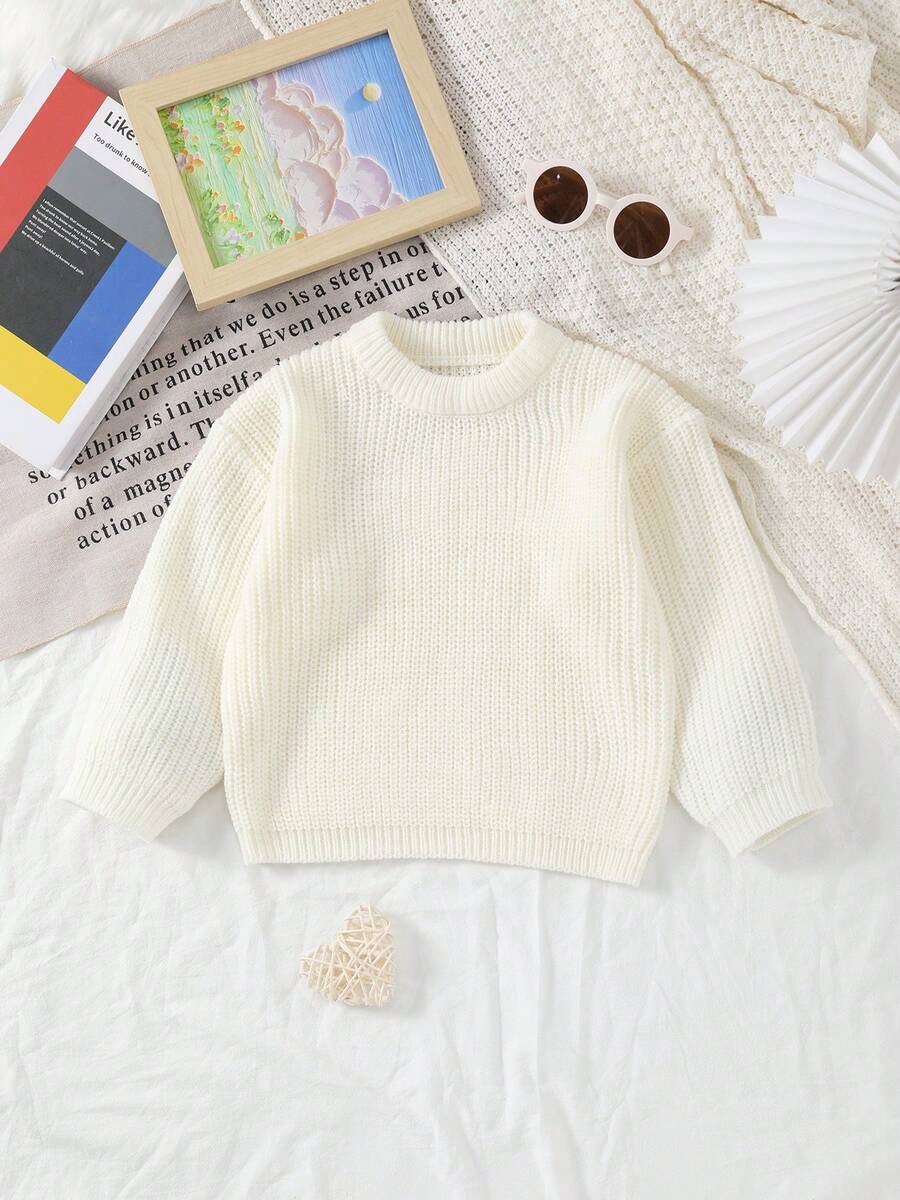 Unisex Baby Classic Solid Color Crew Neck Knit Sweater, Crew Neck Design, Solid Color Design, Solid Color More Suitable For Handmade Embroidery By Mothers, Add Some Elements Mothers Like, Suitable For Casual Wear Or Layering - White - View 1