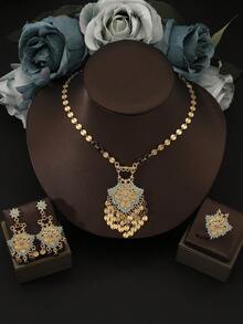 4pcs/Set Bohemian Smooth Tassel Pendant Necklace + Earrings + Ring Jewelry Set For Women, 18K Plated, Turquoise, Holiday Gift - 金色 - 查看 1