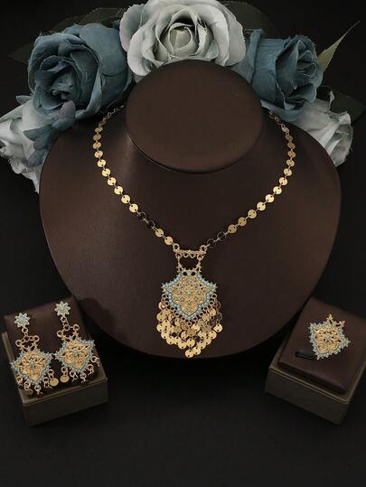 4 件套波西米亚光滑流苏吊坠项链 + 耳环 + 戒指首饰套装，适合女士，18K 镀金，绿松石，节日礼物