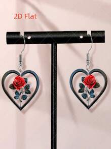 1 Pair 2D Acrylic Heart & Rose Flower Earrings, Minimalist & Romantic Women Earring Gifts, Suitable For Everyday Wear, Parties, Holidays