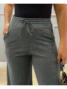 Wide Leg Wide Leg Flare Hem Straight High Waisted Fleece Lined Wide Leg Structured Fit Trousers - 深灰色 - 查看 1