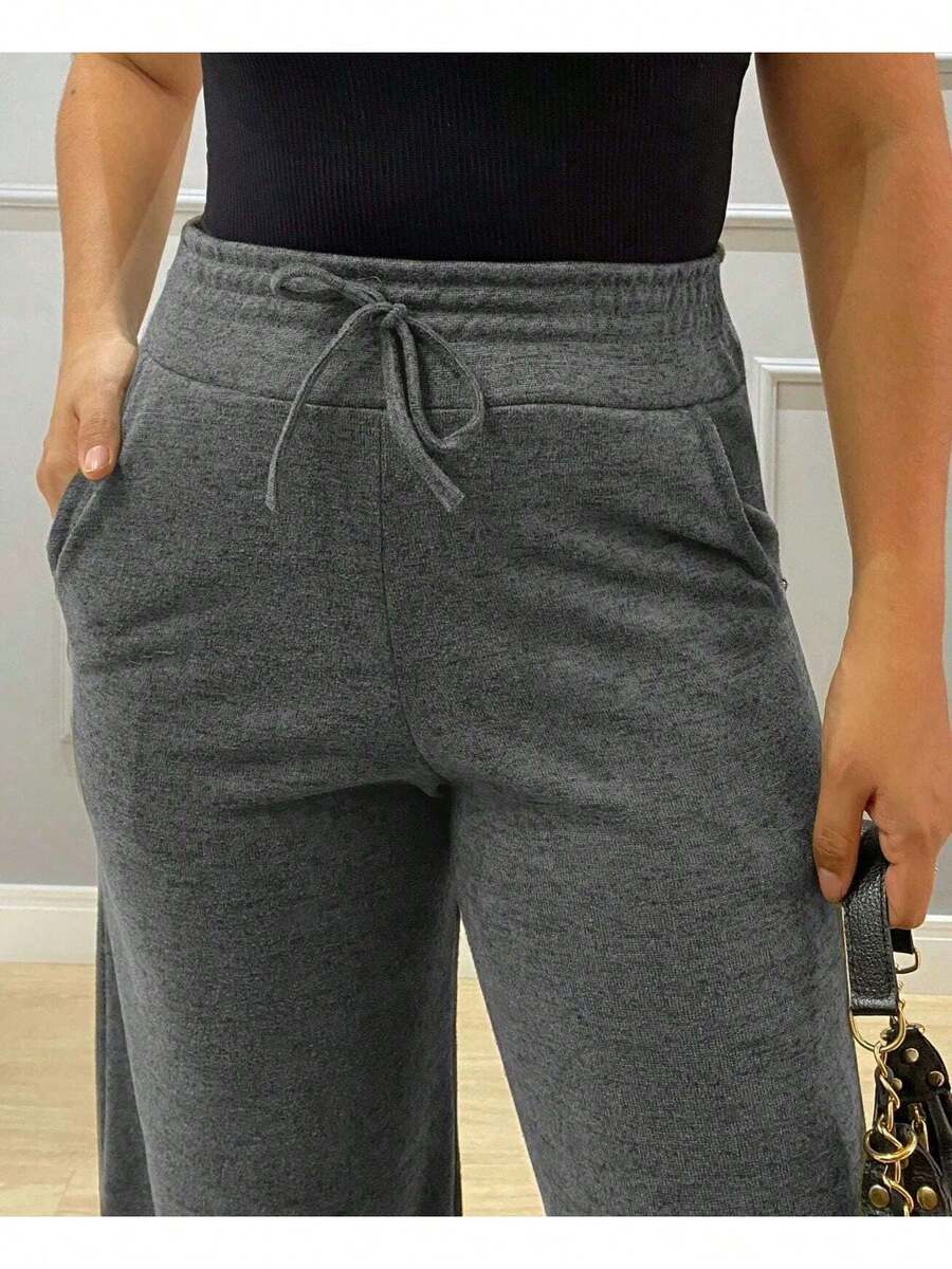 Wide Leg Wide Leg Flare Hem Straight High Waisted Fleece Lined Wide Leg Structured Fit Trousers - 深灰色 - 查看 1
