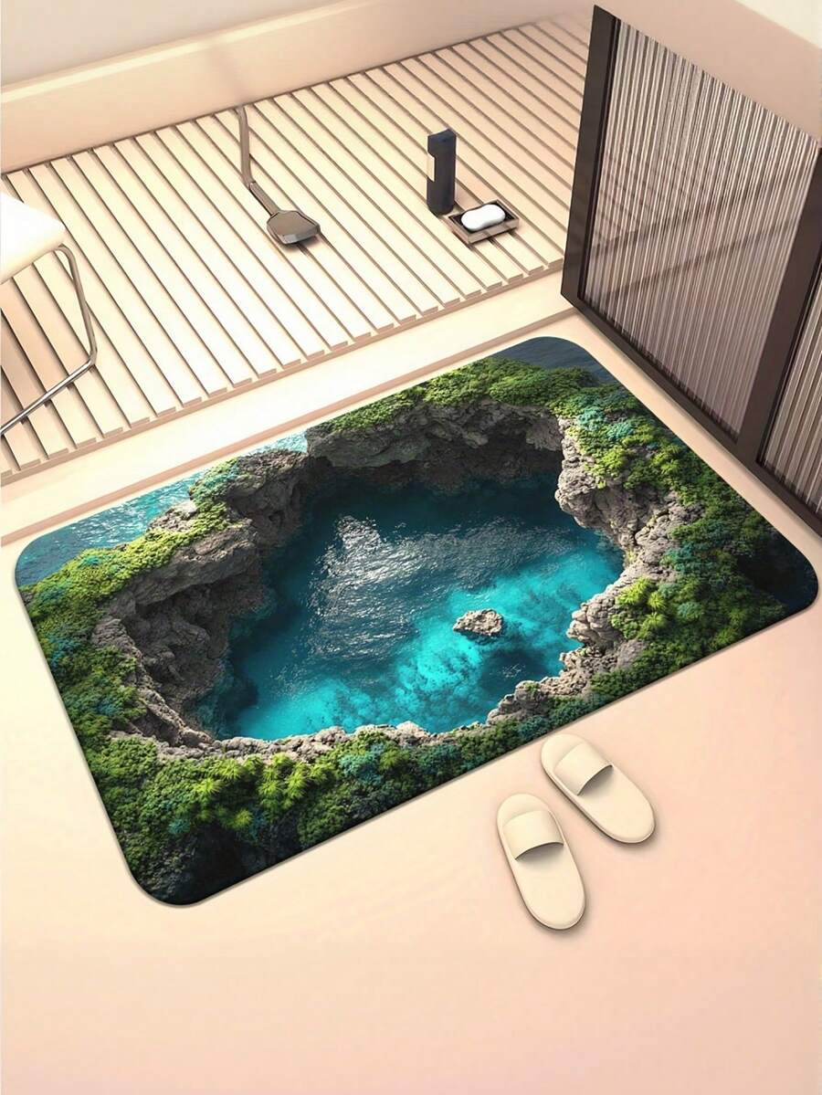 1pc 3D Visual Illusion Deep Pit Landscape Pattern Bath Mat, Modern Farmhouse Absorbent Non-Slip Bathroom Rug, 1cm Thick Rectangle Bathroom Carpet, Thick & Soft Bathroom Small Rug, Machine Washable Easy Clean Entryway Decor Doormat, Suitable For Living Room, Bedroom, Kitchen, Bathroom, Entrance, Party, Holiday, Gift Entryway Decor Bathroom Kitchen Decor - Multicolor - View 1
