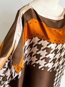 1pc Women Printed Silk-Like Robe Set, Beach Cover Up With Scarf, Summer Beach & Sun Protection For Dress - Brown - View 3