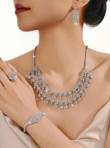 Set de 5 bijuterii de mireasă în stil regal de lux, include colier, brățară, cercei, inel, lucrat manual cu design de ciucuri cu frunze stratificate și zirconiu cubic, potrivit pentru purtare zilnică și nuntă, cadou de aniversare a nunții (ambalaj în cutie cadou) inclus