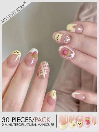 30pcs Super Short Oval Nail Stickers, Cute Cartoon Patterns, Reusable For Daily Wear, Suitable For Parties. Includes 1pc Jelly Gel And 1pc Nail Sticker Strip.