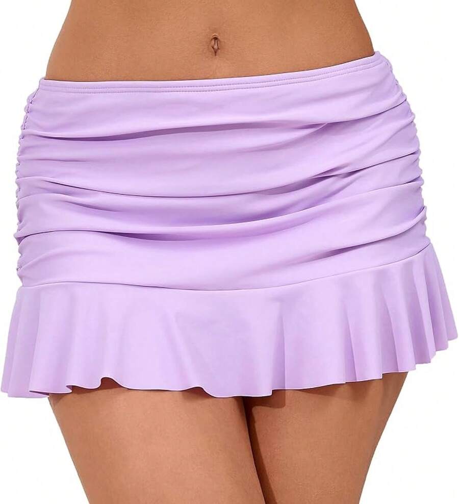 Halcurt Women's Low Waisted Ruched Ruffle Swim Skirts With Hipster Bikini Bottoms Tummy Control Swimsuit - Light Purple - View 1