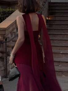 Vestido de verano de mujer de unicolor de gasa con bufanda adjunta, elegante - Burdeos - Ver 2
