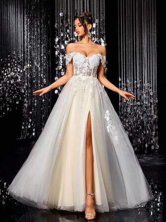 LVNES Elegant And Lovely White Bridal Gown, Applique Embroidery Mesh A-Line Wedding Dress