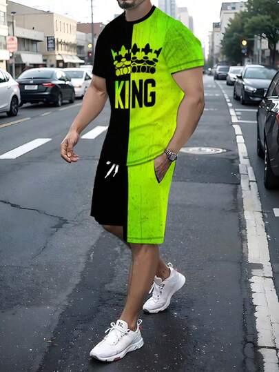 男士休闲字母数字印花短袖圆领T恤和抽绳短裤套装（2件套），夏季加大码