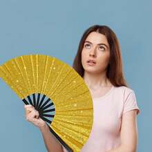2 Pack Large Folding Hand Fan, Nylon-Cloth Vintage Retro Fabric Fans, Chinese Kung Fu Tai Chi Hand Fan For Men/Women, Festival, Dance, Gift, Performance, Decorations (Black) - 金色 - 查看 3
