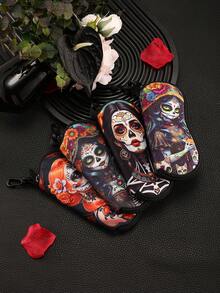 1pc Sugar Horror Skull And Flowers Print Multifunctional Storage Bag Travel Lightweight Portable Zipper Eyeglasses Pouch Soft Spacious Glasses Case For Unisex Eyeglass Frames - Multicolor - View 2