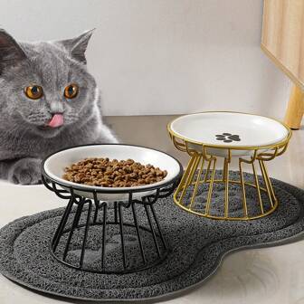 1 pieza Tazón elevado de comida para gatos de cerámica, tazón para mascotas con soporte de metal
