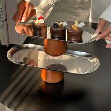 1 Set Wooden High-Footed Fruit Bowl, Minimalist & Elegant Stainless Steel Tray - Silver Stainless Steel Oval Wooden Feet - View 2