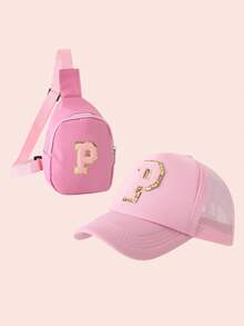 2 件套女童粉色棒球帽配 26 个字母卡车帽和迷你单肩包套装，轻便便携零钱包，适合日常户外防晒 - 粉標粉紅色 - 查看 35