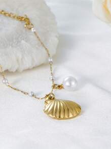 1 pièce Bracelet de cheville avec pendentif en acier inoxydable représentant une coquille et une étoile de mer avec perle, pour femme, pour l'été à la plage