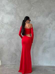 Vestido elegante de mujer con espalda descubierta, abertura y volantes en el bajo, vestido formal para boda, fiesta y noche - Rojo - Ver 3