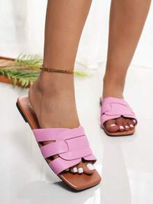 1 双 PU 皮革交叉平底凉鞋，适合夏季海滩度假 - 粉色 - 查看 3